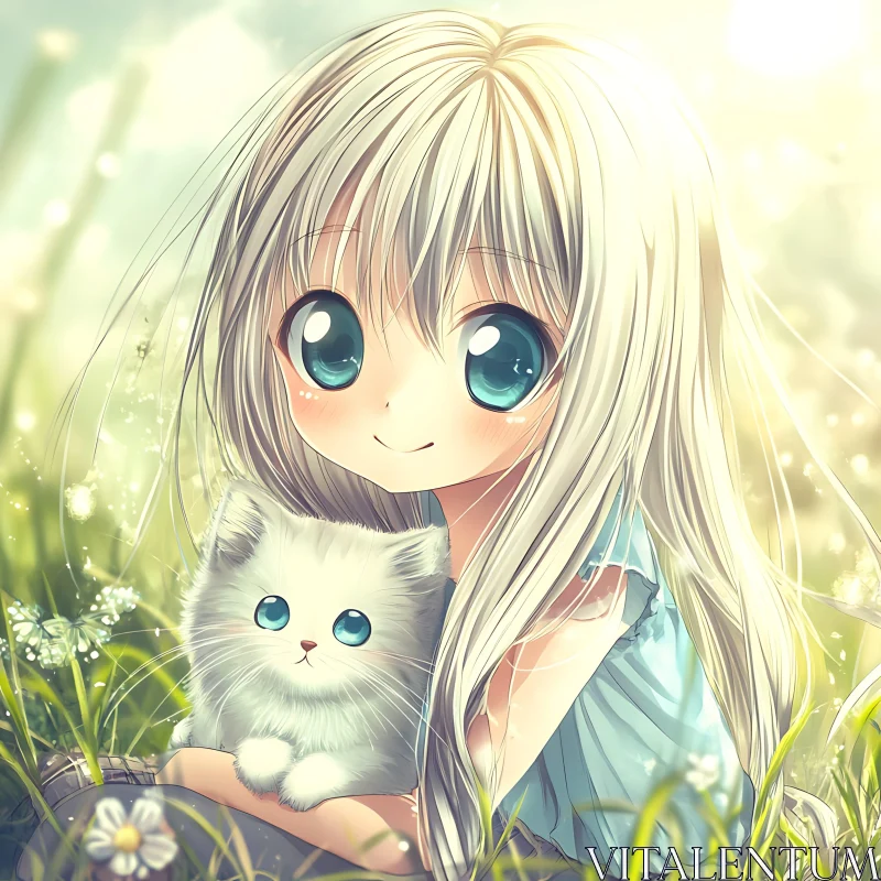 Anime Girl and Kitten in Sunny Meadow AI Image