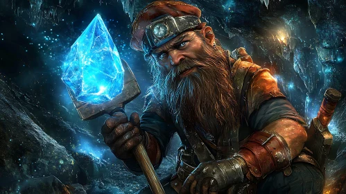 Fantasy Dwarf Miner Holding a Crystal