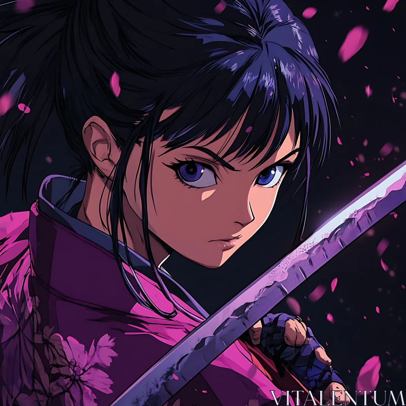 Purple-Clad Anime Swordswoman with Blossoms AI Image