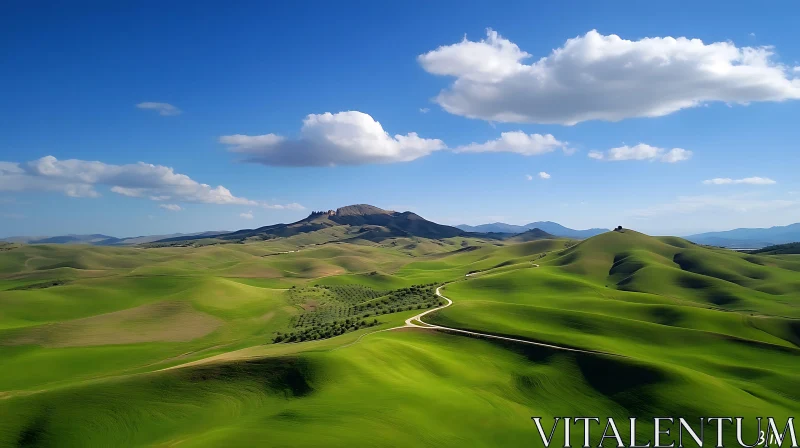 Rolling Green Hills and Cloudy Blue Sky AI Image