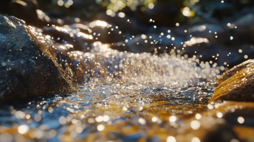 Sunlit Waterfall Over Rocks with Bokeh Effect