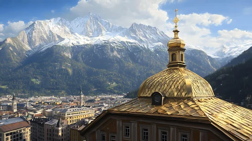 Mountain City View with Golden Architecture