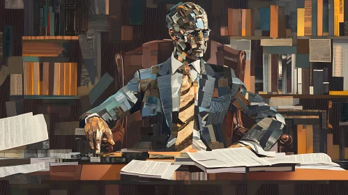 Mosaic Man at Desk with Bookshelves