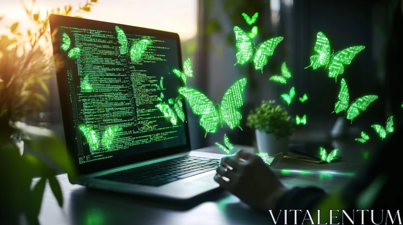 AI ART Green Butterflies and Code on Laptop Screen