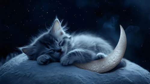 Peaceful Gray Kitten on Moon with Stars