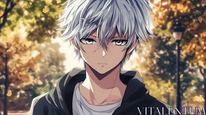 Somber Anime Portrait Amidst Fall Foliage AI Image