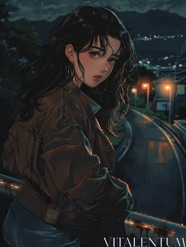 AI ART Anime Girl Under Streetlights on a Rainy Night