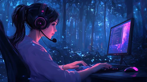 Girl Coding in a Magical Forest