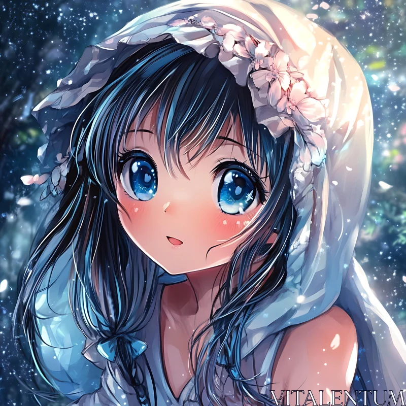 Magical Anime Night with Blue-Eyed Girl AI Image