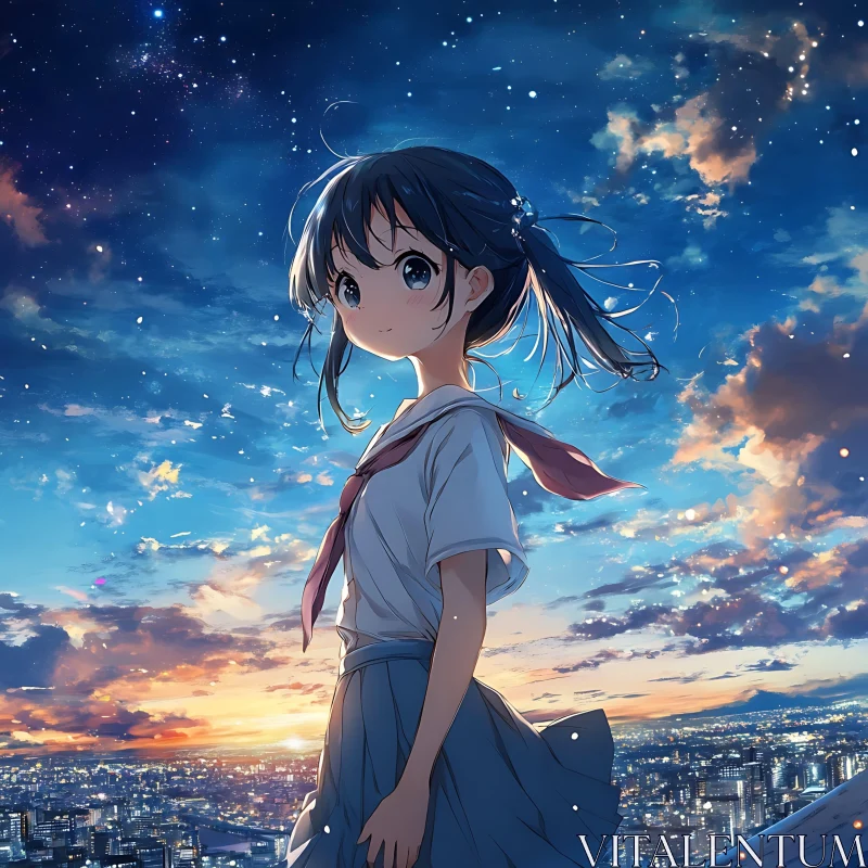 AI ART Anime Girl Sunset Rooftop View