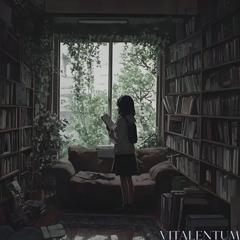 Girl Reading in a Cozy Plant-Filled Library AI Image