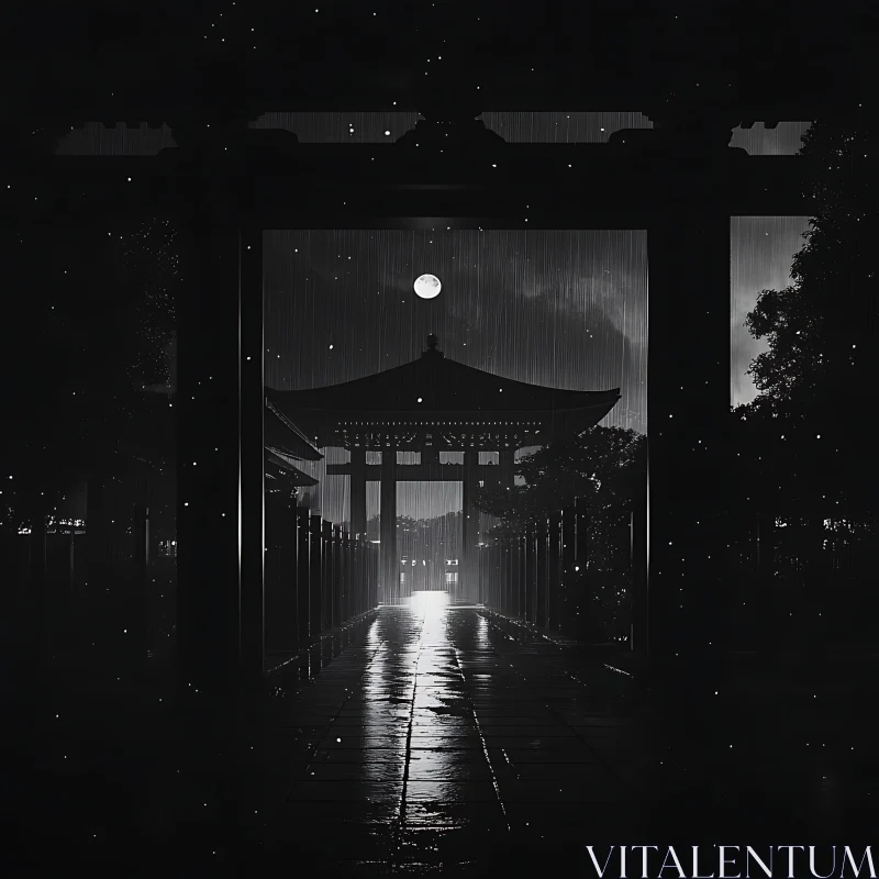 Mystical Moonlit Temple in Rain AI Image