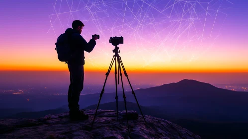 Photographer Capturing Sunset on Mountain Peak