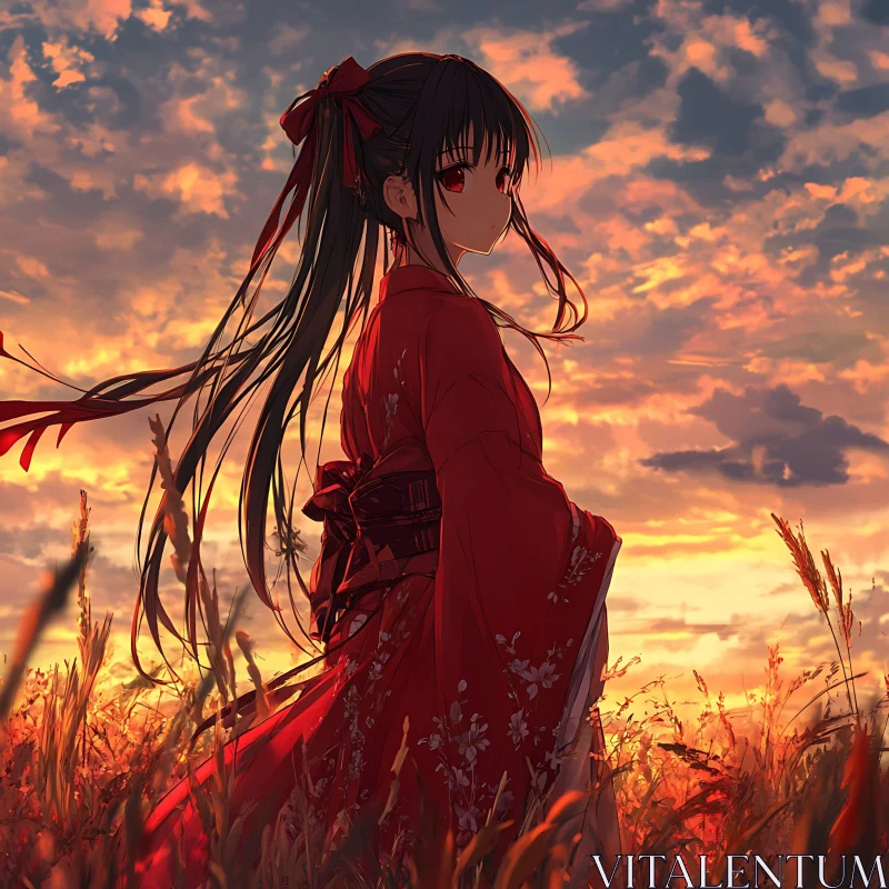 Sunset in Field with Anime Girl in Kimono AI Image