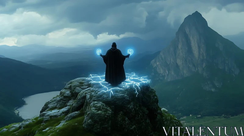 Mystical Wizard on Mountain Top AI Image