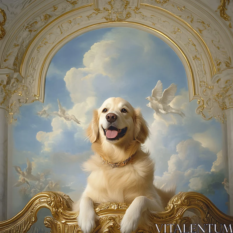 Golden Retriever in Ethereal Sky Setting AI Image