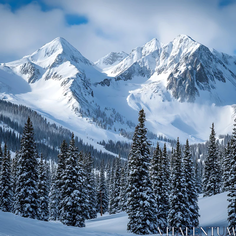 AI ART Winter Mountain Landscape with Snow-Covered Trees