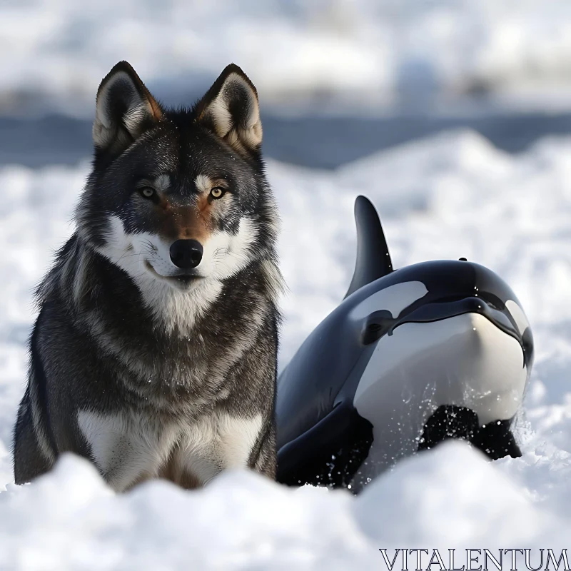 Winter Companions: Wolf and Killer Whale Portrait AI Image