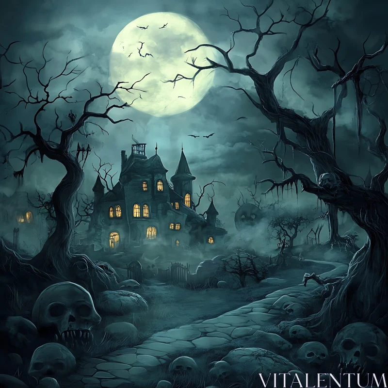 AI ART Moonlit Haunted House with Skulls