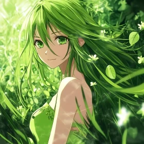 Green-Haired Anime Girl in Lush Nature Setting