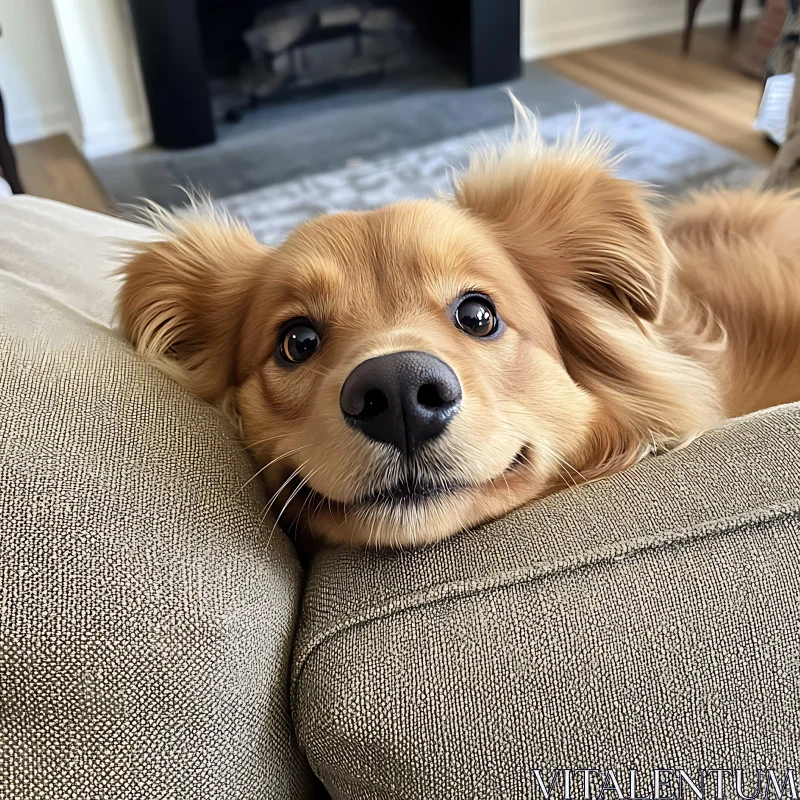 Adorable Golden Dog Relaxing on Sofa in Comfy Home AI Image