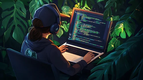 Woman Coding Surrounded by Plants