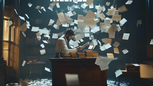 Library Study with Floating Papers