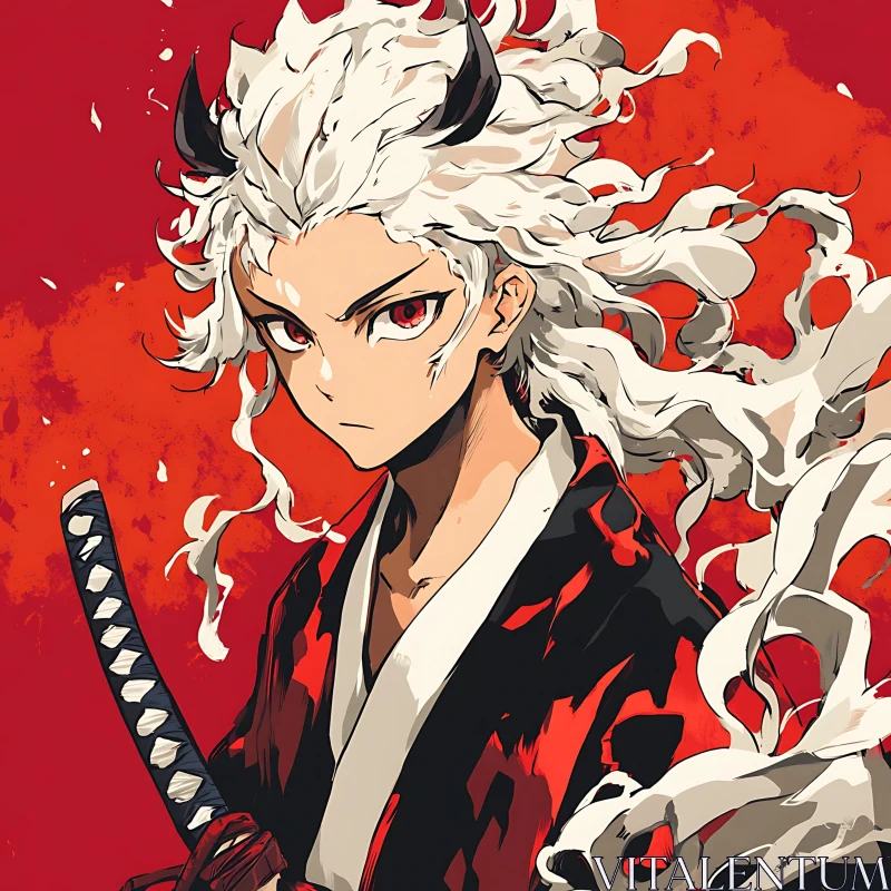 Anime Samurai with White Hair and Red Background AI Image