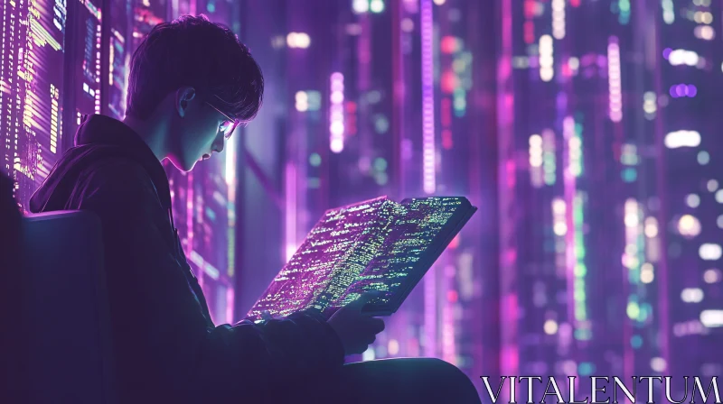 Person Reading Glowing Code in Neon Cityscape AI Image