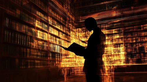 Silhouette Reading in Illuminated Library