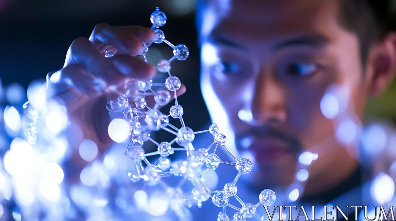 Scientist Inspecting Molecular Model Under Blue Light AI Image