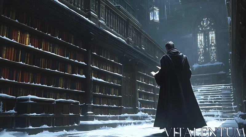 Cloaked Figure Reading in Snowy Library AI Image