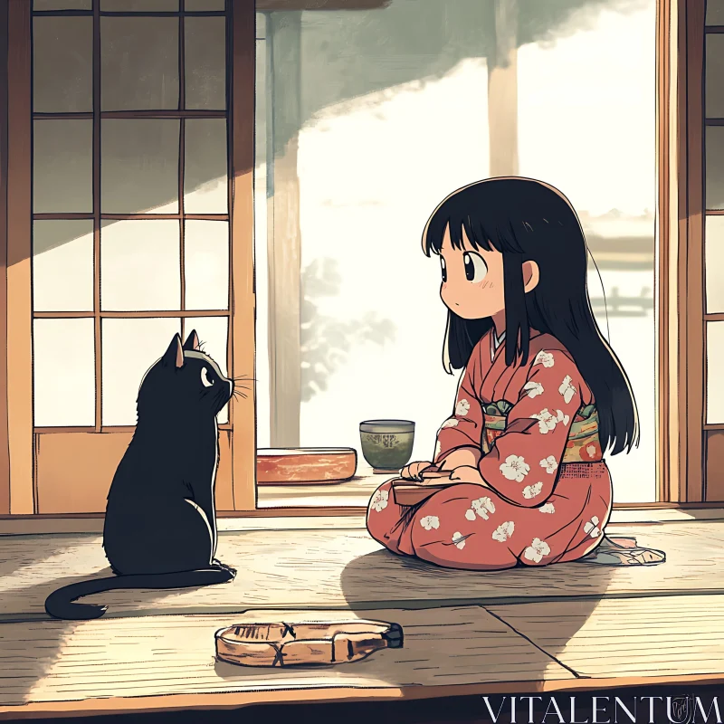 Anime Girl and Cat in Traditional Japanese Tea Room AI Image