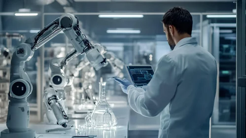 Scientist Operating Robots in Modern Laboratory