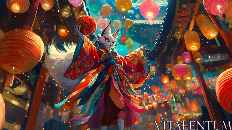 AI ART Magical Kitsune Kimono Lantern Festival