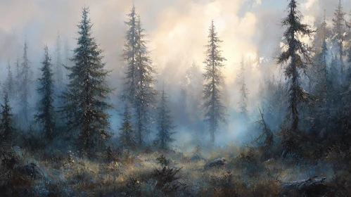 Misty Forest Scene with Tall Trees