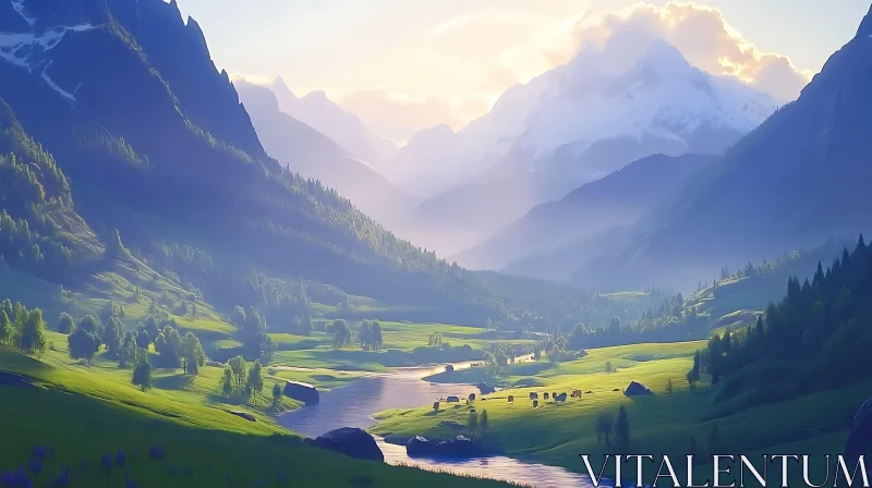 Mountain Valley River Scenery AI Image