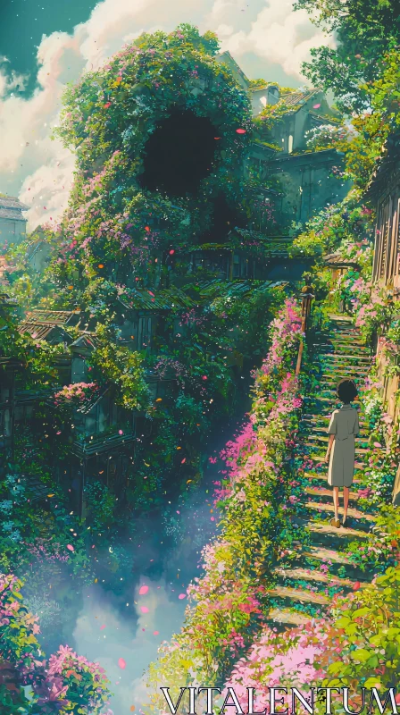 AI ART Mystical Floral Stairway and Overgrown Abandoned Building