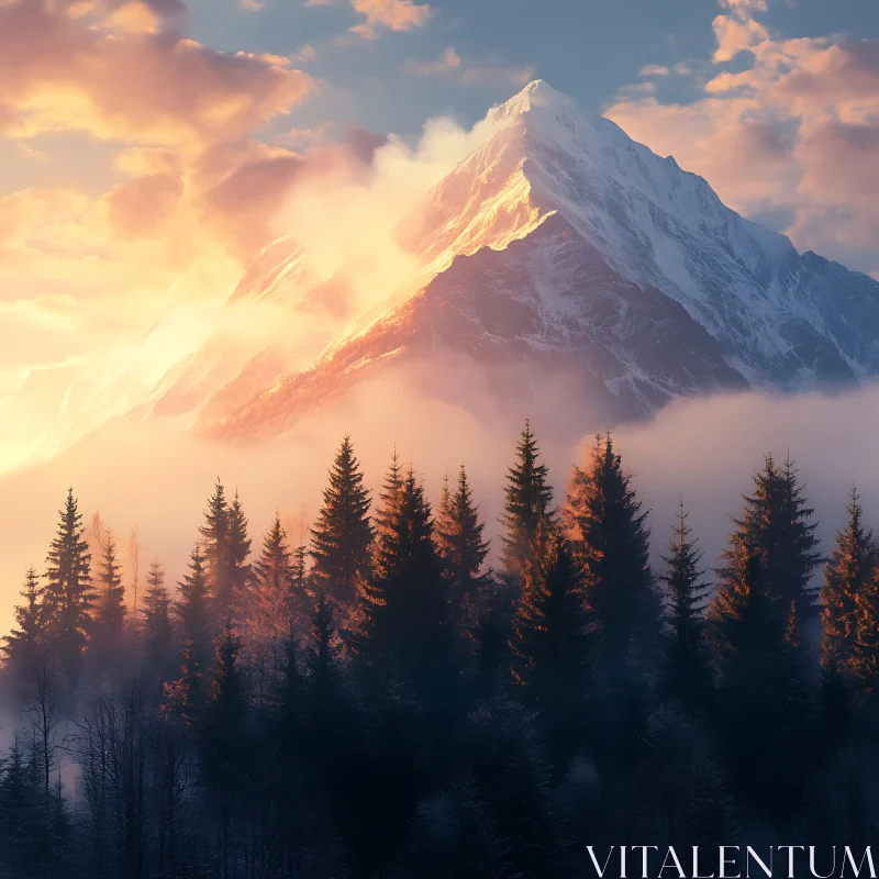 Sunrise Over Mountain and Forest AI Image