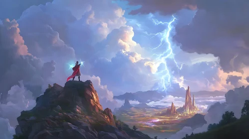 Magical Wizard Conjuring Storm Above Metropolis