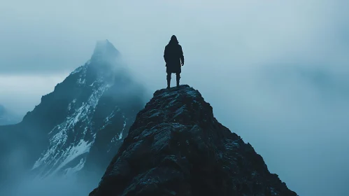 Silhouette on Foggy Mountain Top