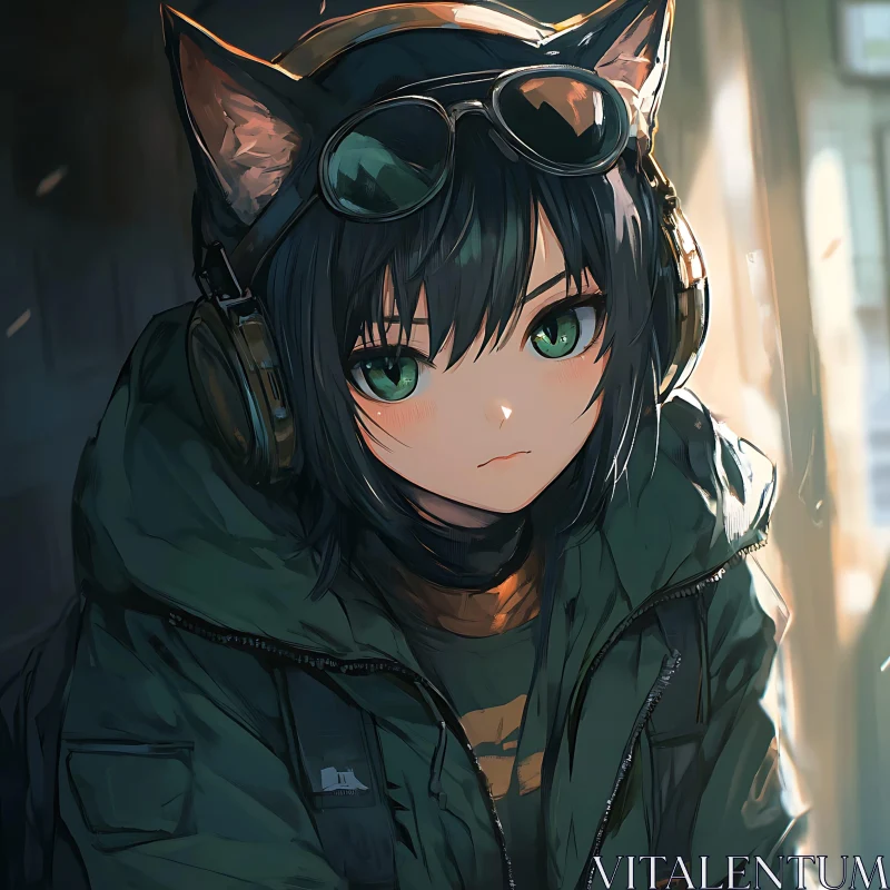 Anime Girl with Cat Ears and Headphones AI Image