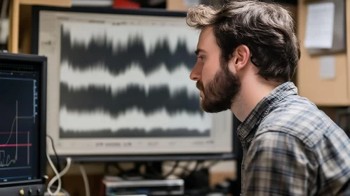 Man Working with Data on Computer Monitors