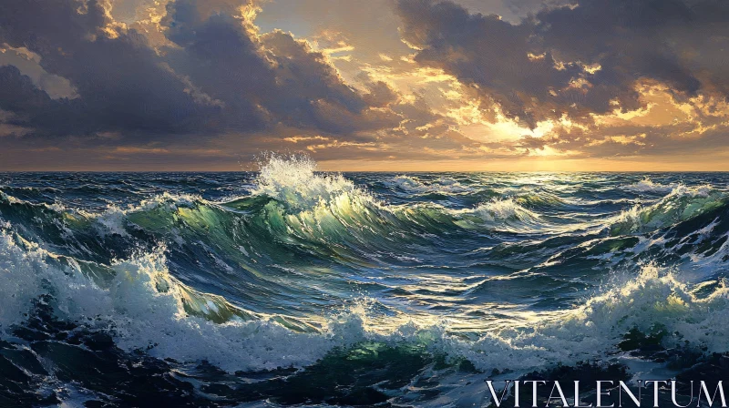 Stormy Sea with Sunlit Waves AI Image