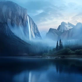 Peaceful Mountain Lake and Waterfall View