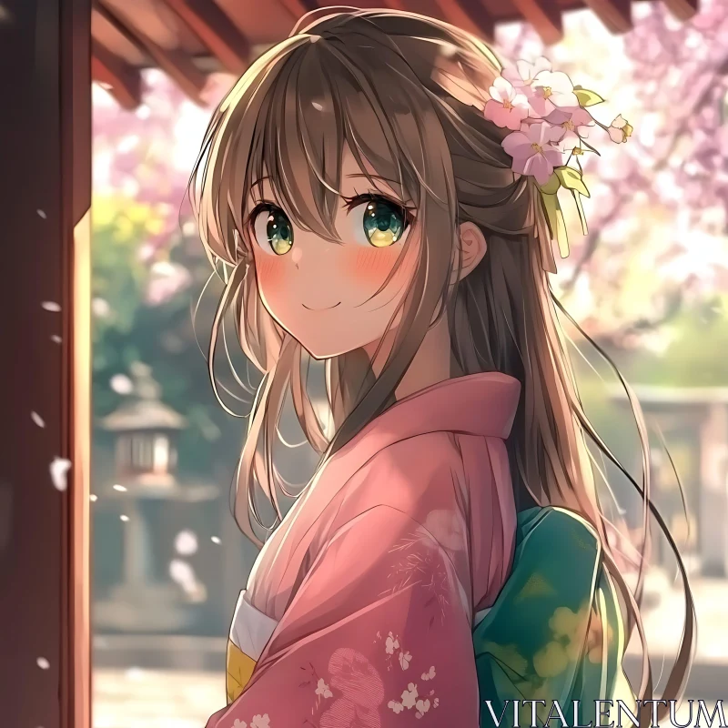 Anime Girl with Green Eyes in Spring Kimono AI Image