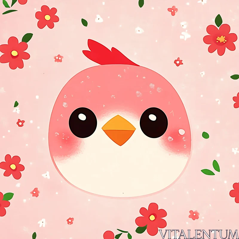 Cute Bird Illustration with Pink Flowers AI Image