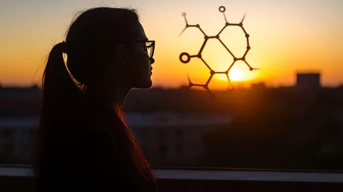 Woman's Silhouette at Sunset with Science Concept