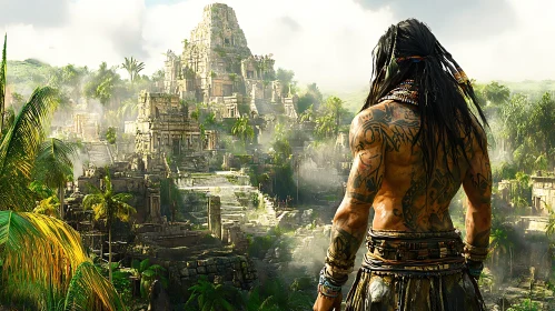 Warrior Overlooking Ancient Ruins in Jungle