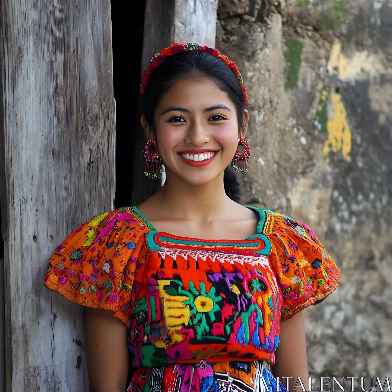 Smiling Woman in Colorful Embroidered Dress AI Image